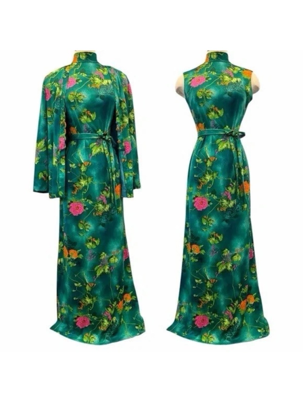 Emerald Floral Satin Maxi Dress with Belt